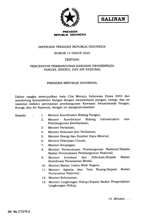 Instruksi Presiden No 14 Tahun 2025 tentang Percepatan Pembangunan Kawasan Swasembada Pangan, Energi, dan Air Nasional