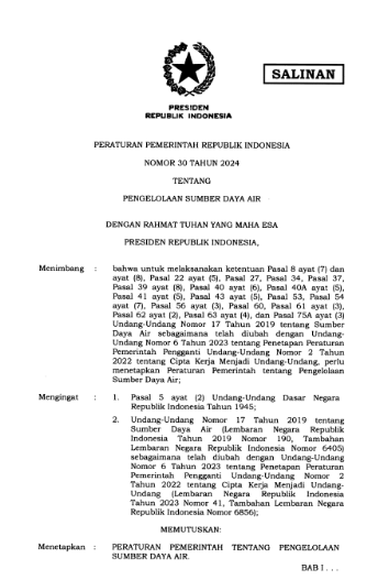 PP Nomor 30 Tahun 2024 tentang Pengelolaan Sumber Daya Air