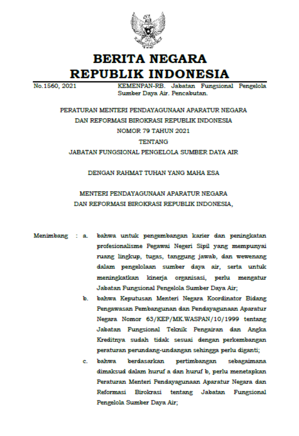 Permen PANRB No. 79 Tahun 2021 tentang Jabatan Fungsional Pengelola Sumber Daya Air