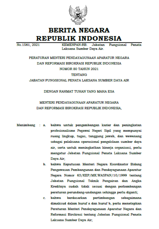 Permen PANRB No. 80 Tahun 2021 Tentang Jabatan Fungsional Penata Laksana Sumber Daya Air