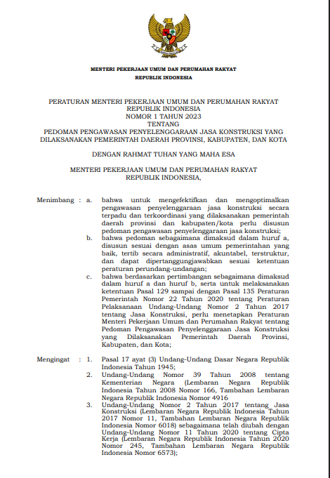 PERMENPUPR NOMOR 1 TAHUN 2023TENTANG PENYELENGGARAAN JASA KONSTRUKSI