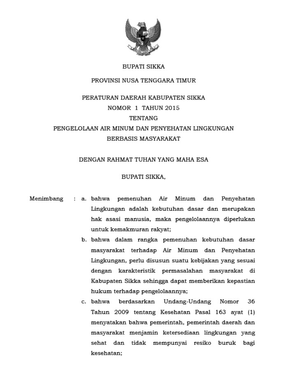 Peraturan Daerah Bupati Sikka Pengelolaan Air Minum dan Penyehatan Lingkungan Berbasis Masyarakat No 01 Tahun 2015